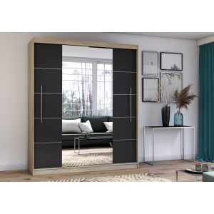 Idzczak Skapis-kupeja RICO ar spoguli 204 cm Melns sanoma ozols