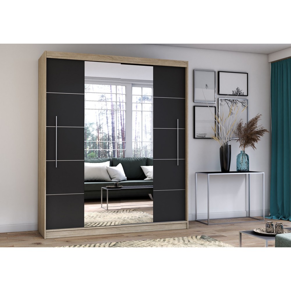 Idzczak Skapis-kupeja RICO ar spoguli 204 cm Melns sanoma ozols