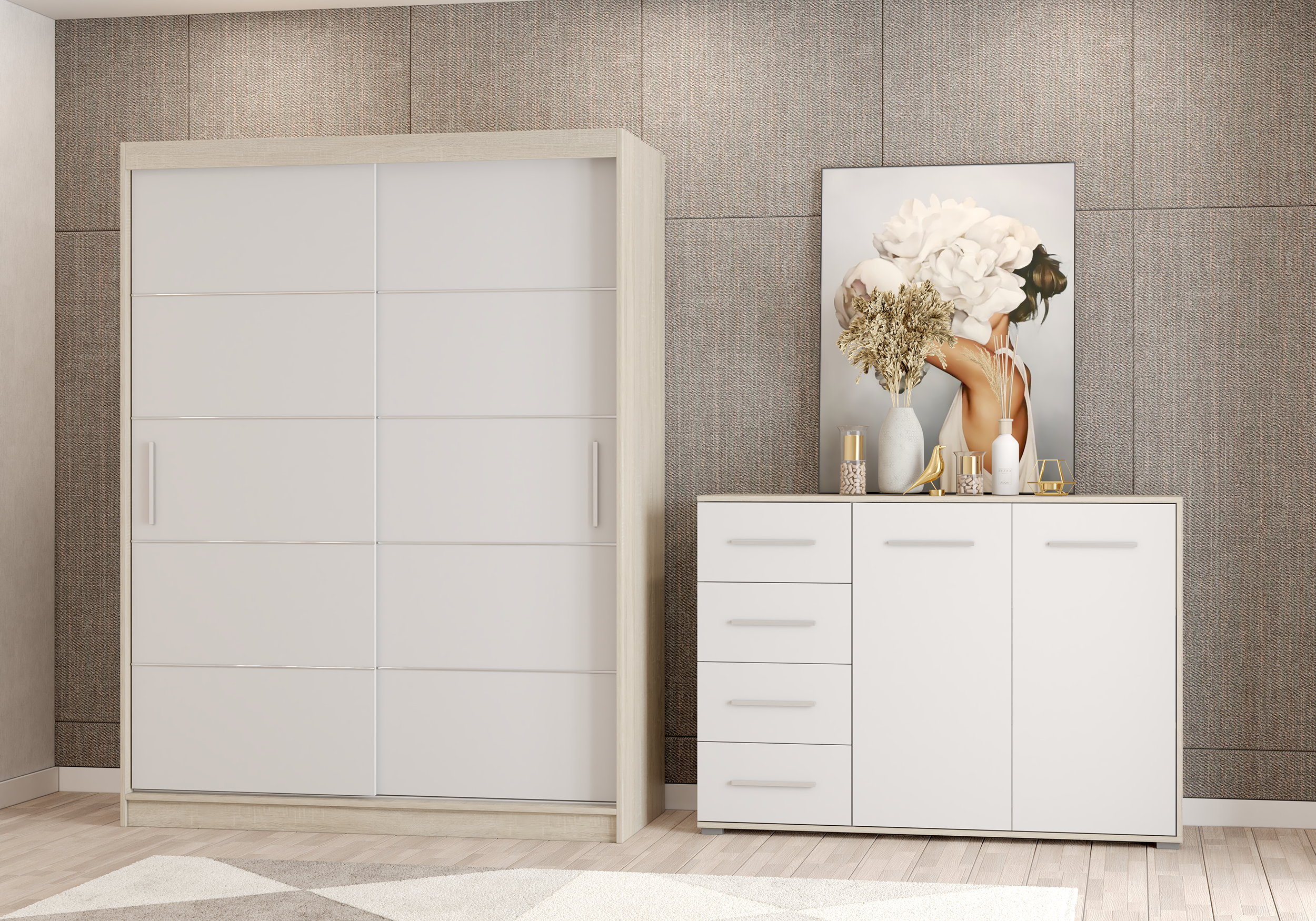 Iekļauts drēbju skapis un kumode VISTA 06 FRIDA 01 White Dąb sonoma
