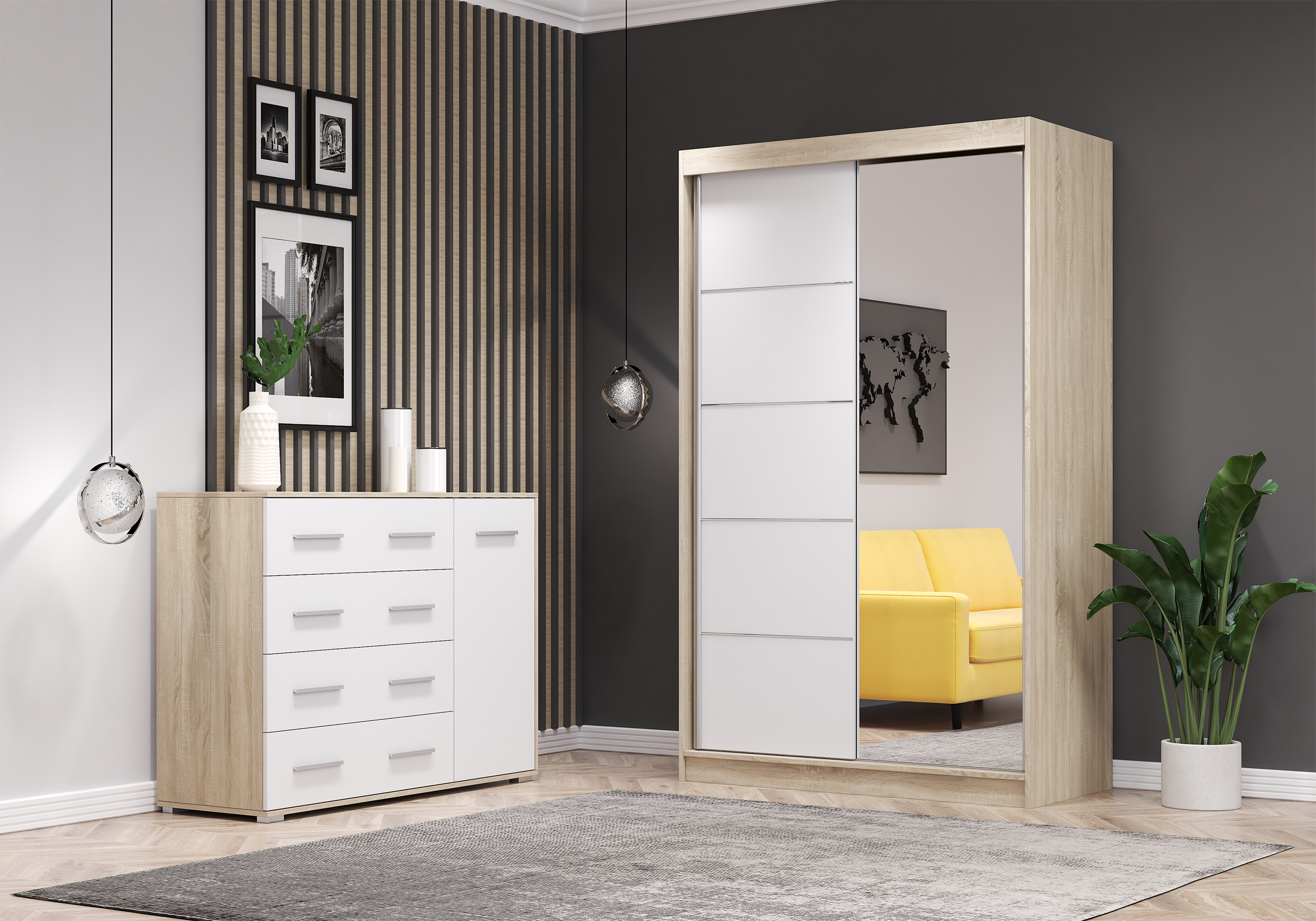 Iekļauts drēbju skapis un kumode NEOMI 05 FRIDA 02 Dąb sonoma Whitełar spoguli - Image 3