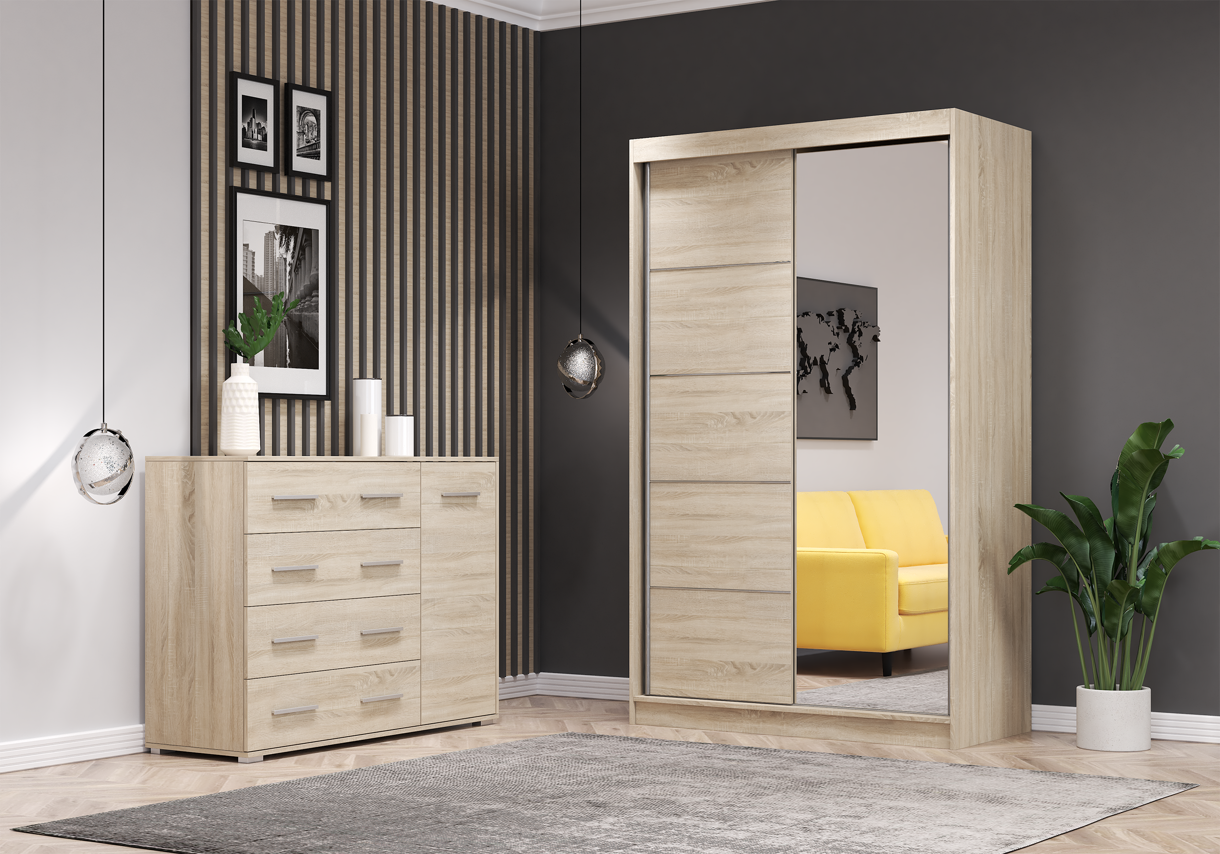 Iekļauts drēbju skapis un kumode NEOMI 05 FRIDA 02 Dąb sonoma Whitełar spoguli - Image 4