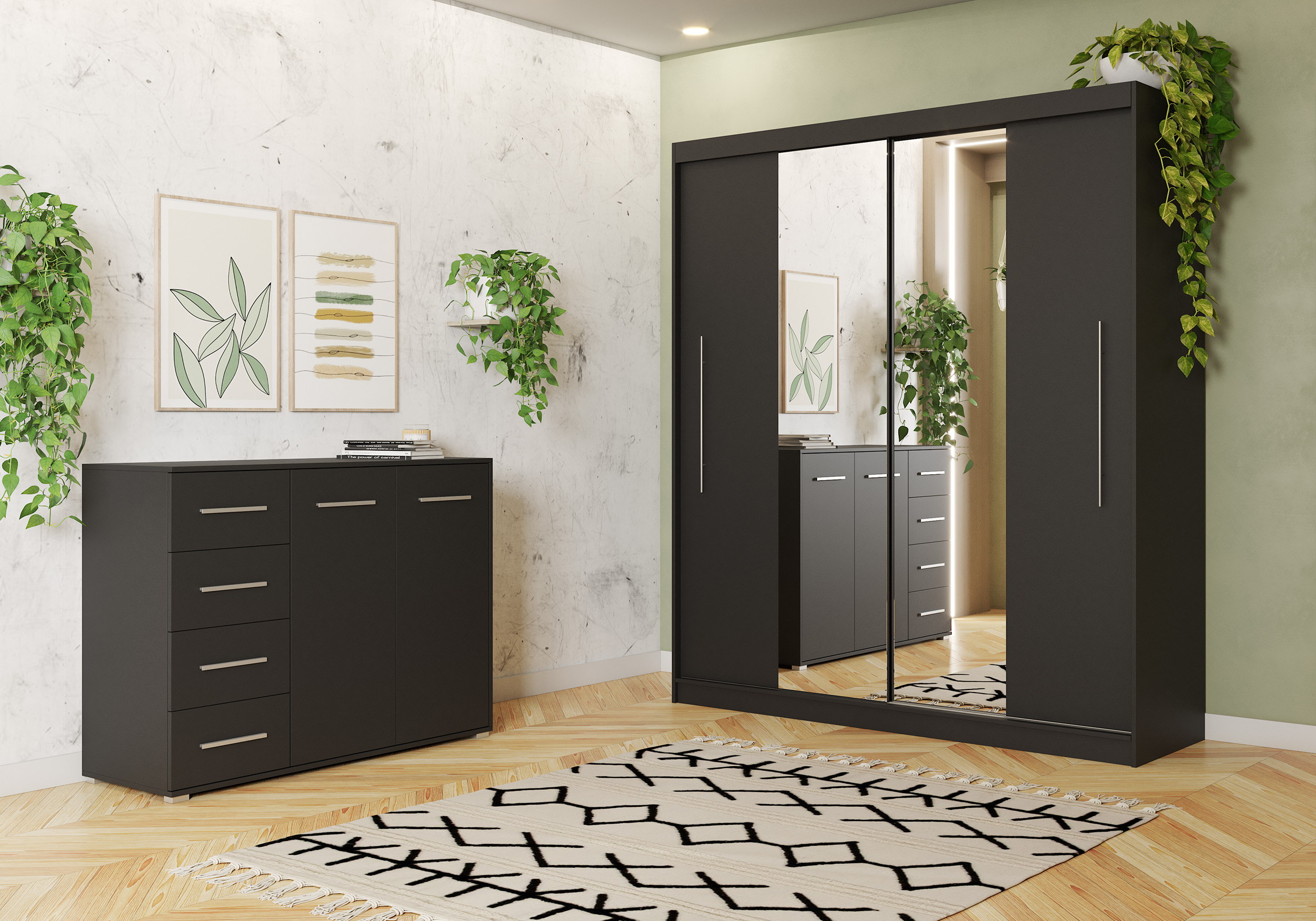 Iekļauts drēbju skapis un kumode RICO AND FRIDA 01 Black Black ar spoguli - Image 5