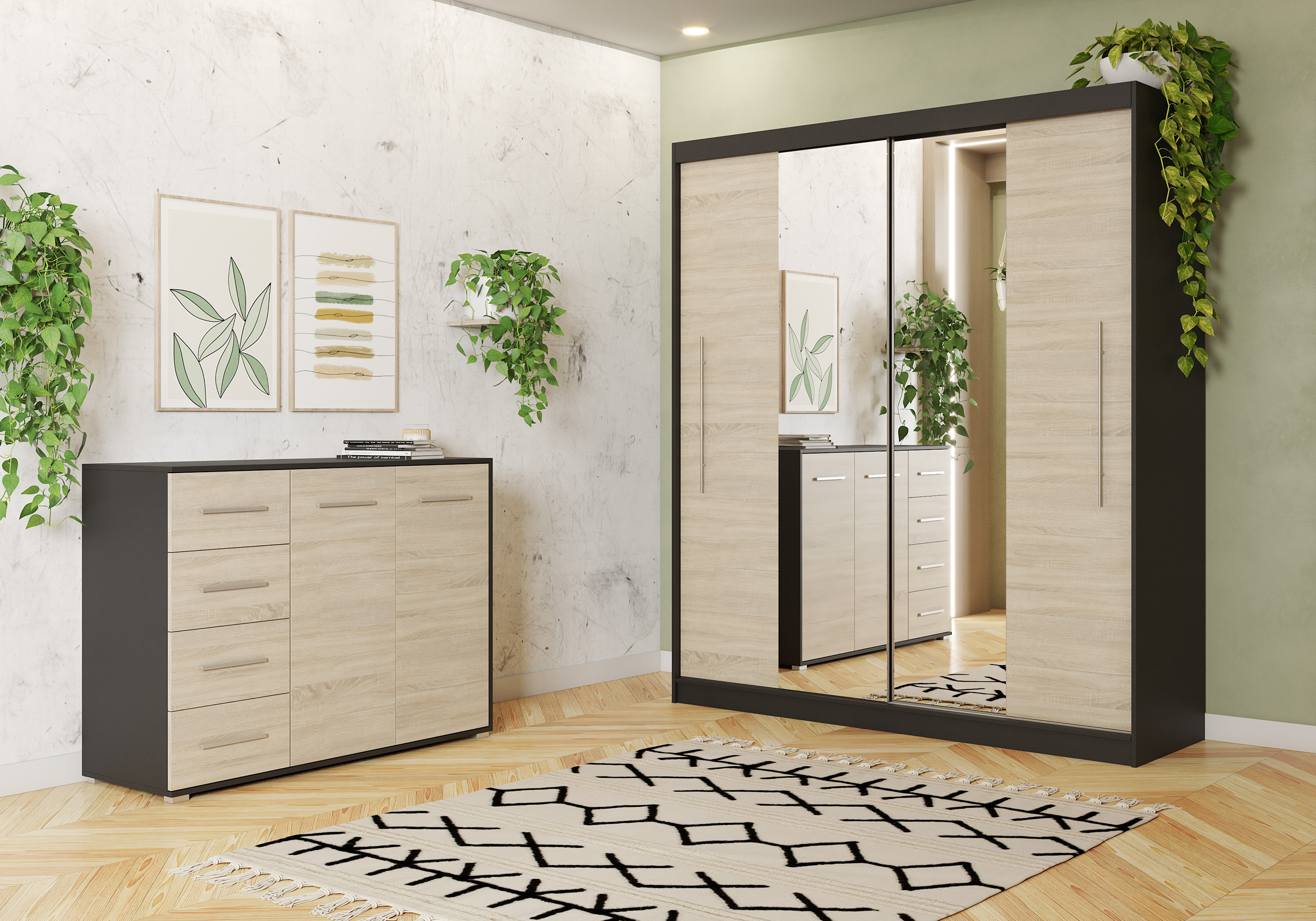 Iekļauts drēbju skapis un kumode RICO AND FRIDA 01 Black Black ar spoguli - Image 6