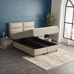 Kontinentālā gulta ROYAL ar metāla rāmi, spilveniem un augstu galvgali, pelēkā audumā